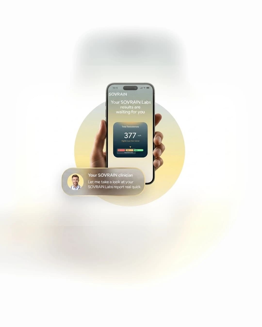 Phone showing Sovrain lab results with a message from your Sovrain clinician